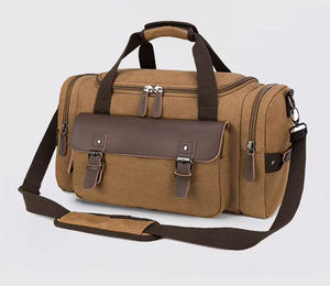 Sac de voyage rétro en toile avec accent en cuir, poche à rabat et plusieurs compartiments, sac de week-end - Product Image 3