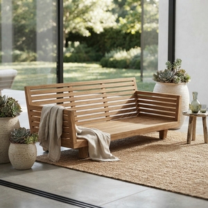 Premium wooden slatted sofa frame minimalist solid teak wood living room three seater daybed <b>bench</b> natural teak lounge frame - Product Image 5