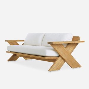 Modern X Frame Teak Wood Outdoor <b>Sofa</b> Luxury Patio Daybed with Cushion - Product Image 1