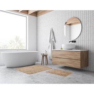 Tapis de bain rectangulaire en coton géométrique moderne, antidérapant avec dos en caoutchouc, beige, pour sol de salle de bain - Product Image 2