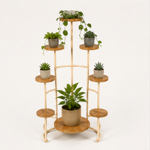Support à plantes en bois moderne avec étagères circulaires pour plantes vertes d'intérieur, design minimaliste, décoration intérieure - Product Image 1