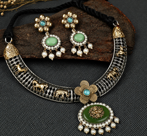 Ensemble de bijoux ethniques en argent tibétain avec pierre de jade et collier et boucles d'oreilles en perles d'imitation pour femmes, pour mariage - Product Image 1