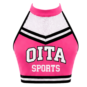 Haut court de cheerleading imprimé rose vif, blanc et noir, sans manches, personnalisable, pour performance athlétique, uniforme de cheerleading pour femmes et filles - Product Image 1