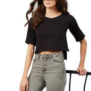เสื้อยืดครอปแขนสั้นสีดำสำหรับผู้หญิง ผ้าฝ้าย สกรีนโลโก้ได้ สไตล์ลำลอง ใส่ได้ในฤดูร้อน รับผลิตตามแบบ (OEM) ขายส่ง - Product Image 2