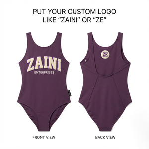 Maillot de bain femme premium 240 GSM en nylon et élasthanne, une pièce, violet, tissu extensible, design à empiècements, logo personnalisé en appliqué chenille - Product Image 1