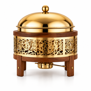 Plat de service rond de luxe isotherme avec cadre en acier inoxydable doré et accent en bois, diamètre 24 cm, durable - Product Image 1