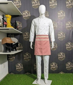 Delantal de cintura tejido de algodón rosa con ribete crema y doble bolsillo para uniforme de camareros de restaurante/bar - Product Image 3