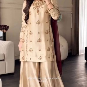 Beige Embroidered Salwar Kameez for Women Traditional <b>Indian</b> Pakistani <b>Top</b> and Pants Wedding Party Outfit - Product Image 1