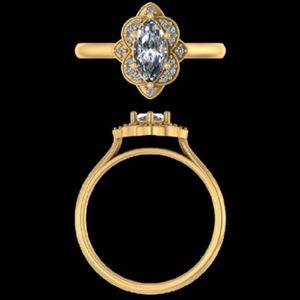 Anillo de compromiso con diamante talla marquesa en oro amarillo de 18k con halo festoneado de inspiración floral y banda de oro pulido minimalista - Product Image 3