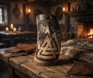 Jarra de cerveza vikinga hecha a mano con diseño de símbolo nórdico, taza de madera vintage para beber, regalo para despedida de soltero - Product Image 1