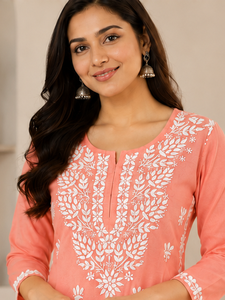 Peach Floral Hand Block Print Cotton <b>Kurta</b> for Women Sleeves Straight Fit Buy Direct From Supplier - Product Image 3