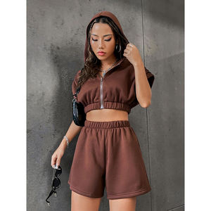 Womens Solid Brown <b>Short</b> Sleeve Full Zip Hooded Crop Sweatshirt and Relaxed Fit <b>Shorts</b> Twin <b>Set</b> OEM ODM Wholesale Apparel - Product Image 1