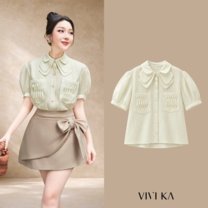 Blusa Casual Tejida para Mujer con Mangas Abullonadas, Cuello Peter Pan, Botones y Bolsillos Plisados, Elegante Chifón ODM EZRA - Product Image 1