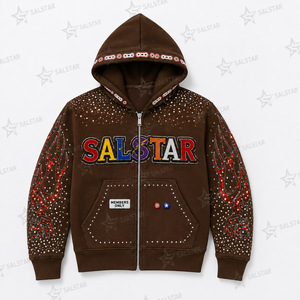 เสื้อฮู้ดดี้ผู้ชายสีน้ำตาลลายกราฟิกประดับเพชรเทียม ซิปหน้า สไตล์สตรีทแวร์ พรีเมียม ปักลายฮิปฮอป แฟชั่น - Product Image 3