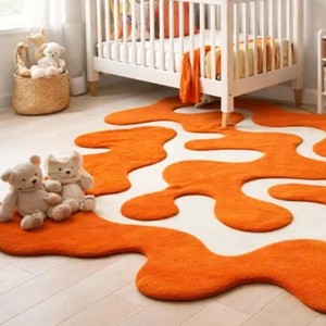 Bright Orange Abstract Area Rug Irregular Shape Modern Hand Tupted Carpet Artistic Unique Floor Rug for Livingroom Bedroom Decor - Product Image 1