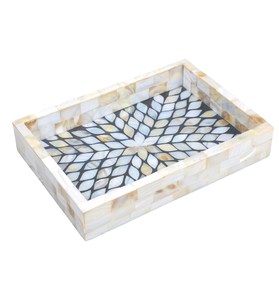 Elegante bandeja de madera y nácar con asa metálica dorada pulida, organizador de postres, precio económico. - Product Image 5