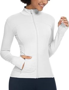 Chaqueta Deportiva de Mujer, Blanca, Manga Larga, Cuello Alto con Cierre, Transpirable, Poliéster, Color Sólido, Corte Ajustado, para Todas las Temporadas, con Bolsillos - Product Image 1