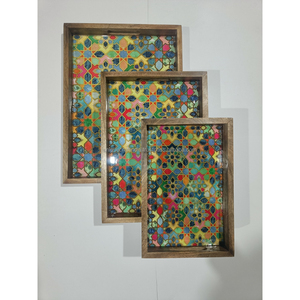 Ensemble de plateaux de service en bois de manguier faits à la main, multicolores, art géométrique islamique en émail, plateaux décoratifs en bois pour le petit-déjeuner avec poignées - Product Image 1