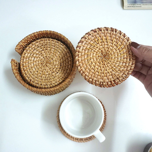 Handwoven Gold Plated Mirror Finish Rattan Coaster <b>Round</b> Natural Radiating Weave Pattern Eco Friendly <b>Table</b> Mat for Home Decor - Product Image 3