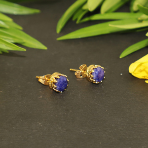 Unique Designer Fancy Shape 7 MM Dyed <b>Blue</b> Sapphire Gemstone 22k Gold Plated Crown <b>Stud</b> <b>Earring</b> For Women Girl Wholesale Jewelry - Product Image 5