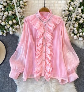 Chemisier vintage pour femme avec volants, col Peter Pan, manches ballon, superposition transparente, coupe ample, haut printemps-été - Product Image 4