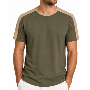 Camiseta Moderna de Manga Raglán Tejida para Hombre, Panel de Contraste en el Hombro, Verde Oliva Caqui, Transpirable y de Secado Rápido - Product Image 1