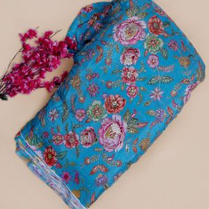 Tissu en crêpe naturel bleu aqua brodé de fleurs avec des paillettes, motif botanique Paisley, pour vêtements de plage, vêtements pour femmes et couture - Product Image 4