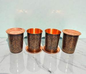 Copper Drinking Cups With Lid Oriental Design Round Metal Cups Set Of 4 Household Kitchen Use - Product Image 1