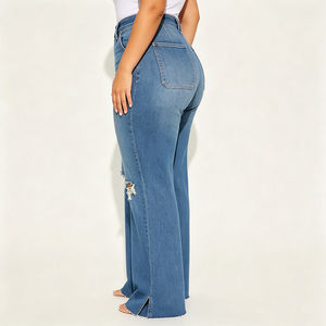 Wholesale Summer High <b>Elastic</b> <b>Waist</b> Breathable Quick-drying Wide Leg <b>Jeans</b> Women Plus Size Customized Colors - Product Image 6