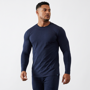 <b>Men's</b> Long Sleeve O-Neck Quick Dry Sporty T-<b>Shirt</b> Slim Fit Solid <b>Navy</b> <b>Blue</b> Knitted 100% Polyester - Product Image 3