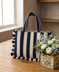 Style De Maison <b>Corduroy</b> Striped Block Printed Zipper Closure Vintage Style Shopping Tote <b>Bag</b> Tassels for Women All Seasons - Product Image 4
