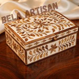 Boîte de rangement pour bijoux en bois moderne de luxe faite à la main avec incrustations florales, décoration de salon, boîte cadeau - Product Image 1