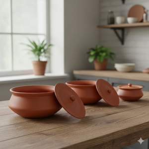 SwamiG TradeX Traditional Natural Terracotta Clay Handi Lid (Set 3) Handmade Country Style Eco-Friendly Fade Resistant Non-Stick - Product Image 3