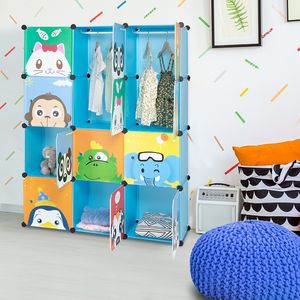 Armadio Portatile Blu a 12 Scomparti con 4 Ripiani e 2 Aste Appendiabiti, Motivo Animale, Realizzato in Plastica e Filo d'Acciaio - Product Image 2