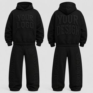 Custom Unisex <b>Black</b> Tracksuit Set 3D Embroidered Logo Streetwear Hooded Sweatshirt & <b>Pants</b> Full Length Loose Fit Adult - Product Image 1