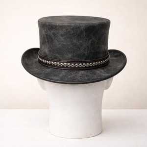 Premium Quality Custom Handmade Unisex Distressed Leather <b>Top</b> Hat With Chain Band And Red Stone Accent - Product Image 3