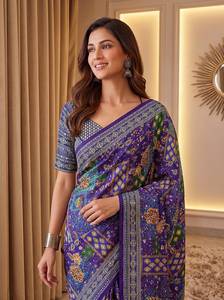 Sari Tradicional Indio de Seda con Estampado Digital y Parches Multicolores para Bodas y Eventos Festivos para Mujer - Product Image 5