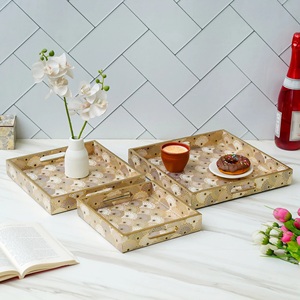 Stylish Modern <b>Golden</b> Finish Epoxy-Coated Wooden Tray Home <b>Decor</b> Printed Multi-Color Enamel Tray - Product Image 4
