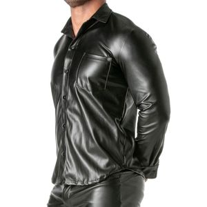 Camisa de manga larga estilo cuero negro para hombre, corte ajustado, estilo fetish, ropa de club, top de moda. - Product Image 1