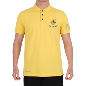 Polo de Manga Corta Amarillo para Hombre, de Algodón, con Logotipo Bordado de Explorador Marino, Corte Regular Informal, Color Sólido, Transpirable - Product Image 1