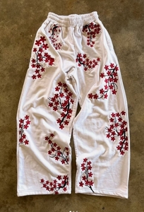 Pantalones Anchos Blancos para Hombre GENERSA SPORTS, Diseño de Flores de Cerezo Rojas, Cintura Elástica, Casuales, de Verano, Algodón de Peso Medio, Antiarrugas - Product Image 5