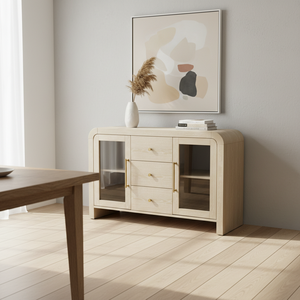 ตู้ไซด์บอร์ด ตู้บุฟเฟ่ต์ห้องนั่งเล่น ตู้คอนโซลพร้อมลิ้นชักกลางสามช่องและกระจกด้านข้างสองด้าน ดีไซน์ทันสมัย สีสันโดดเด่น - Product Image 2