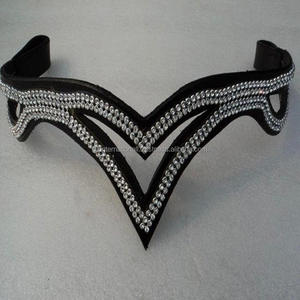 Best Quality Premium Genuine Black Leather Double V-shaped Brow Band for <b>Bridles</b> With Customized clear Crystal Rhinestones Chain - Product Image 3