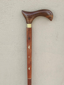 Handcrafted <b>Wooden</b> Walking Cane with Curved Carved <b>Handle</b> Brass Detail Vintage Classic Walking Stick Handmade Cane - Product Image 4