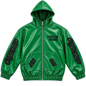 Blouson à capuche personnalisé pour homme en similicuir avec lettrage graphique sur les manches, fermeture éclair intégrale, style urbain et streetwear - Product Image 6