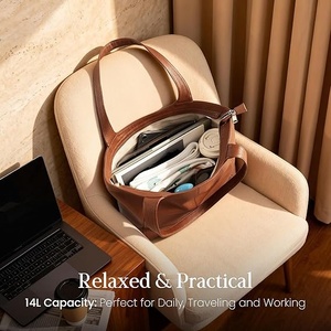 Brown Genuine Leather Tote <b>Bag</b> 13x4.7x11.8 Inch Lightweight Casual Style for Women with Computer Interlayer - Product Image 4