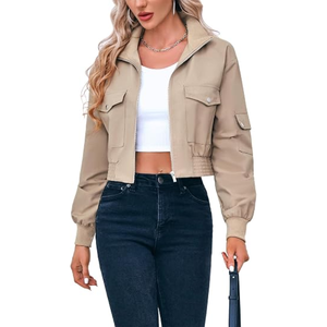 <b>Women</b>’s Cropped Bomber <b>Jacket</b>, Lightweight <b>Zip</b>-<b>Up</b> Short <b>Jacket</b>, Casual Stand Collar Coat for Fall and Everyday Wear - Product Image 1