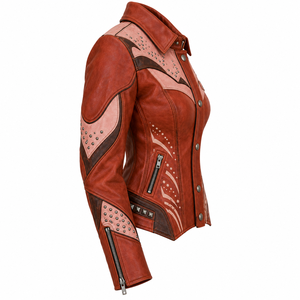 Brown Terracotta Women Western Cowhide Leather Jacket <b>Studded</b> Printed Biker Retro Spiked Collar Coat OEM Custom Manufacturer - Product Image 3