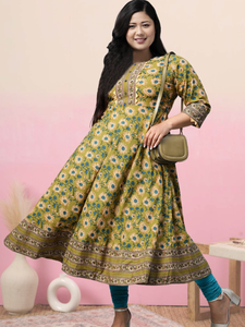 ชุดอานาร์กาลีคุรตะผ้าฝ้ายสีเขียวพิมพ์ลายดอกไม้สำหรับผู้หญิง คอกลม แขนสามส่วน เหมาะสำหรับสวมใส่ในงานเทศกาลและโอกาสต่างๆ สไตล์ชาติพันธุ์ทั่วโลก - Product Image 2