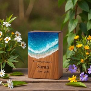 Handmade Ocean Wave Resin Art Urn Box Teak Wood Memorial <b>Keepsake</b> <b>for</b> human <b>ashes</b> medium size 9x5.5 urn box - Product Image 2